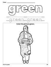 Free Thanksgiving Native American color green coloring page and color worksheet, green worksheet for preschoolers to learn colors, printable PDF