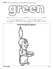 Free Thanksgiving Native American color green coloring page and color worksheet, green worksheet for preschoolers to learn colors, printable PDF