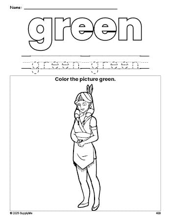 Free Thanksgiving Native American color green coloring page and color worksheet, green worksheet for preschoolers to learn colors, printable PDF