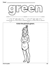 Free Thanksgiving Native American color green coloring page and color worksheet, green worksheet for preschoolers to learn colors, printable PDF