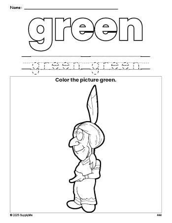 Free Thanksgiving Native American color green coloring page and color worksheet, green worksheet for preschoolers to learn colors, printable PDF