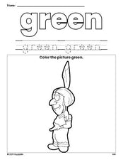 Free Thanksgiving Native American color green coloring page and color worksheet, green worksheet for preschoolers to learn colors, printable PDF