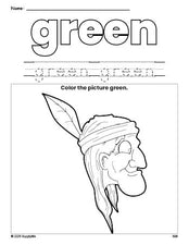 Free Thanksgiving Native American color green coloring page and color worksheet, green worksheet for preschoolers to learn colors, printable PDF