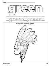 Free Thanksgiving Native American color green coloring page and color worksheet, green worksheet for preschoolers to learn colors, printable PDF