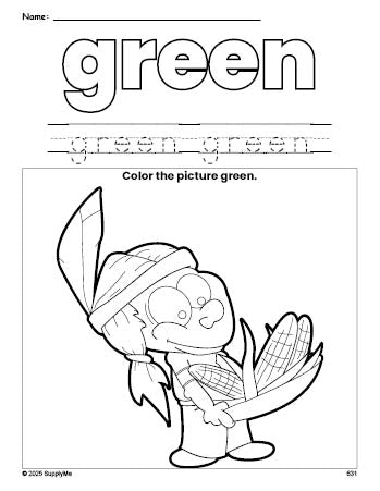 Free Thanksgiving Native American color green coloring page and color worksheet, green worksheet for preschoolers to learn colors, printable PDF