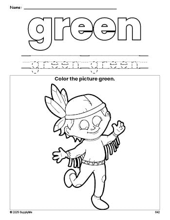 Free Thanksgiving Native American color green coloring page and color worksheet, green worksheet for preschoolers to learn colors, printable PDF