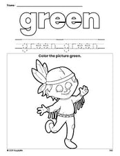 Free Thanksgiving Native American color green coloring page and color worksheet, green worksheet for preschoolers to learn colors, printable PDF