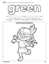 Free Thanksgiving Native American color green coloring page and color worksheet, green worksheet for preschoolers to learn colors, printable PDF