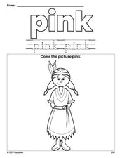 Free Thanksgiving Native American color pink coloring page and color worksheet, pink worksheet for preschoolers to learn colors, printable PDF