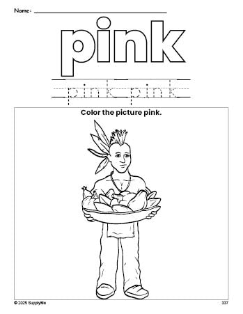 Free Thanksgiving Native American color pink coloring page and color worksheet, pink worksheet for preschoolers to learn colors, printable PDF