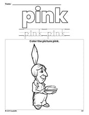 Free Thanksgiving Native American color pink coloring page and color worksheet, pink worksheet for preschoolers to learn colors, printable PDF