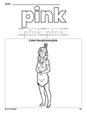 Free Thanksgiving Native American color pink coloring page and color worksheet, pink worksheet for preschoolers to learn colors, printable PDF