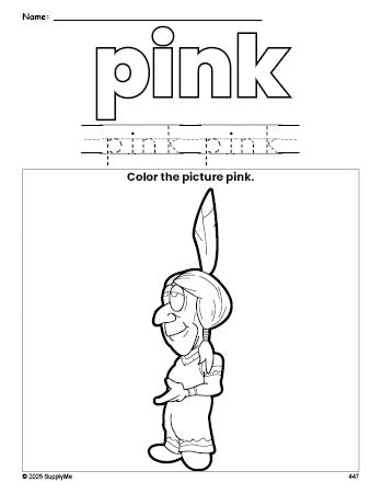 Free Thanksgiving Native American color pink coloring page and color worksheet, pink worksheet for preschoolers to learn colors, printable PDF