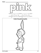 Free Thanksgiving Native American color pink coloring page and color worksheet, pink worksheet for preschoolers to learn colors, printable PDF