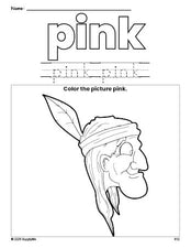 Free Thanksgiving Native American color pink coloring page and color worksheet, pink worksheet for preschoolers to learn colors, printable PDF