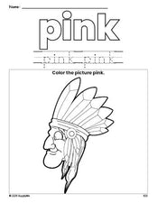 Free Thanksgiving Native American color pink coloring page and color worksheet, pink worksheet for preschoolers to learn colors, printable PDF