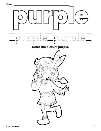 Free Thanksgiving Native American color purple coloring page and color worksheet, purple worksheet for preschoolers to learn colors, printable PDF