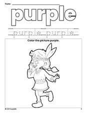 Free Thanksgiving Native American color purple coloring page and color worksheet, purple worksheet for preschoolers to learn colors, printable PDF