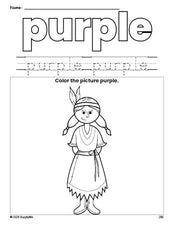 Free Thanksgiving Native American color purple coloring page and color worksheet, purple worksheet for preschoolers to learn colors, printable PDF