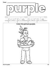 Free Thanksgiving Native American color purple coloring page and color worksheet, purple worksheet for preschoolers to learn colors, printable PDF