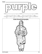 Free Thanksgiving Native American color purple coloring page and color worksheet, purple worksheet for preschoolers to learn colors, printable PDF