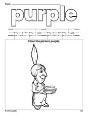 Free Thanksgiving Native American color purple coloring page and color worksheet, purple worksheet for preschoolers to learn colors, printable PDF