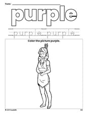 Free Thanksgiving Native American color purple coloring page and color worksheet, purple worksheet for preschoolers to learn colors, printable PDF