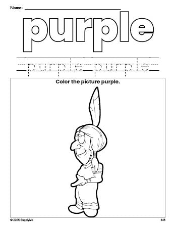 Free Thanksgiving Native American color purple coloring page and color worksheet, purple worksheet for preschoolers to learn colors, printable PDF