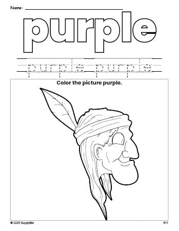 Free Thanksgiving Native American color purple coloring page and color worksheet, purple worksheet for preschoolers to learn colors, printable PDF