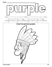 Free Thanksgiving Native American color purple coloring page and color worksheet, purple worksheet for preschoolers to learn colors, printable PDF