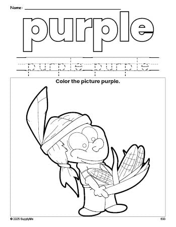 Free Thanksgiving Native American color purple coloring page and color worksheet, purple worksheet for preschoolers to learn colors, printable PDF