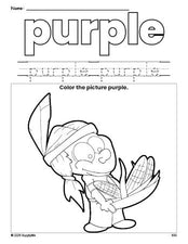 Free Thanksgiving Native American color purple coloring page and color worksheet, purple worksheet for preschoolers to learn colors, printable PDF