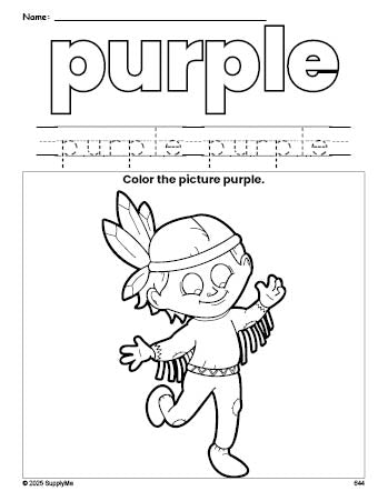 Free Thanksgiving Native American color purple coloring page and color worksheet, purple worksheet for preschoolers to learn colors, printable PDF