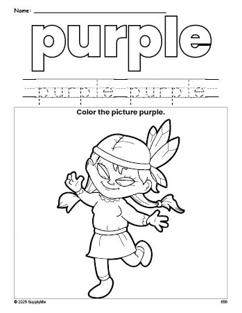 Free Thanksgiving Native American color purple coloring page and color worksheet, purple worksheet for preschoolers to learn colors, printable PDF