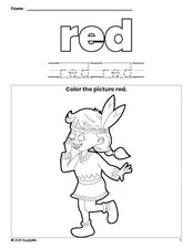 Free Thanksgiving Native American color red coloring page and color worksheet, red worksheet for preschoolers to learn colors, printable PDF