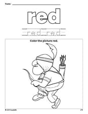 Free Thanksgiving Native American color red coloring page and color worksheet, red worksheet for preschoolers to learn colors, printable PDF