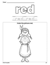 Free Thanksgiving Native American color red coloring page and color worksheet, red worksheet for preschoolers to learn colors, printable PDF