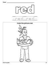 Free Thanksgiving Native American color red coloring page and color worksheet, red worksheet for preschoolers to learn colors, printable PDF