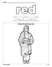 Free Thanksgiving Native American color red coloring page and color worksheet, red worksheet for preschoolers to learn colors, printable PDF