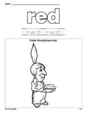 Free Thanksgiving Native American color red coloring page and color worksheet, red worksheet for preschoolers to learn colors, printable PDF