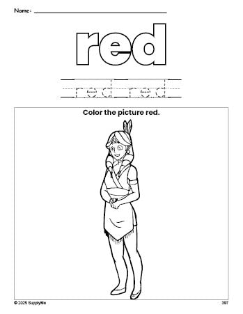 Free Thanksgiving Native American color red coloring page and color worksheet, red worksheet for preschoolers to learn colors, printable PDF