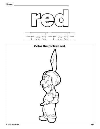 Free Thanksgiving Native American color red coloring page and color worksheet, red worksheet for preschoolers to learn colors, printable PDF