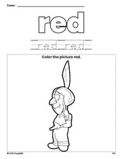 Free Thanksgiving Native American color red coloring page and color worksheet, red worksheet for preschoolers to learn colors, printable PDF