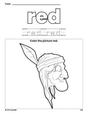 Free Thanksgiving Native American color red coloring page and color worksheet, red worksheet for preschoolers to learn colors, printable PDF