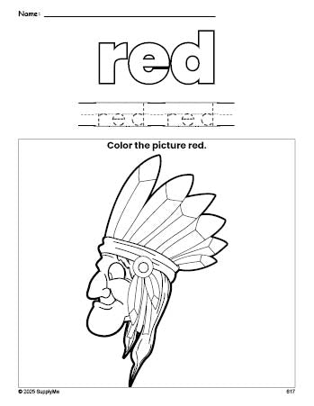 Free Thanksgiving Native American color red coloring page and color worksheet, red worksheet for preschoolers to learn colors, printable PDF