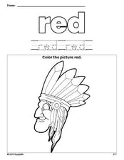 Free Thanksgiving Native American color red coloring page and color worksheet, red worksheet for preschoolers to learn colors, printable PDF