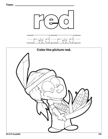 Free Thanksgiving Native American color red coloring page and color worksheet, red worksheet for preschoolers to learn colors, printable PDF