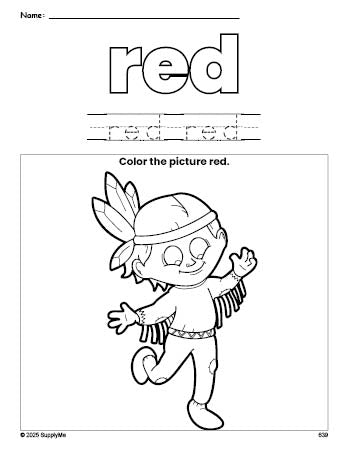 Free Thanksgiving Native American color red coloring page and color worksheet, red worksheet for preschoolers to learn colors, printable PDF