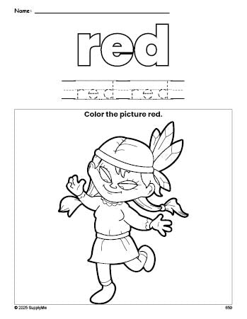 Free Thanksgiving Native American color red coloring page and color worksheet, red worksheet for preschoolers to learn colors, printable PDF