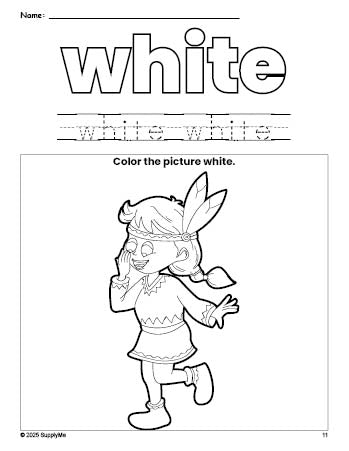 Free Thanksgiving Native American color white coloring page and color worksheet, white worksheet for preschoolers to learn colors, printable PDF